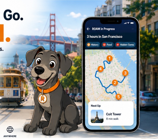 Rover mascot and ROAM app experience in San Francisco