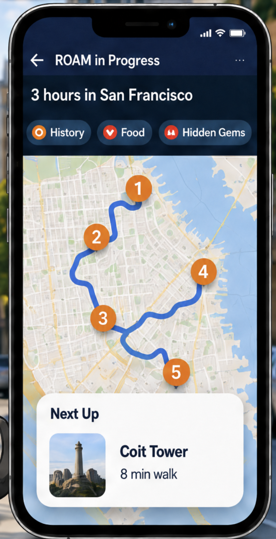 Corrected ROAM route map showing stops 1, 2, 3, 4, 5 in order and Next Up: Coit Tower